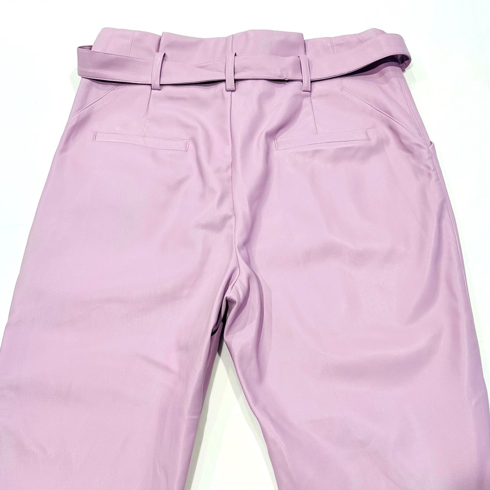 High-Waisted Pink Faux Leather Tapered Pants with Belt - Picture 3 of 9